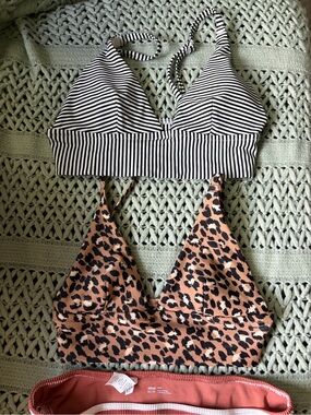 aerie Leopard bikini top & Rust-Striped Bikini bottoms juniors lot bundle